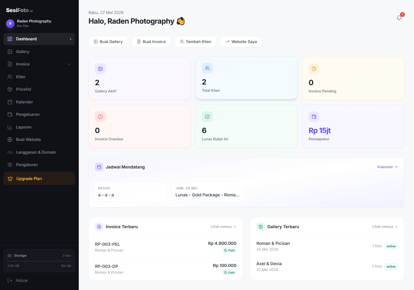 Dashboard SesiFoto — kelola gallery, invoice, dan klien dalam satu platform